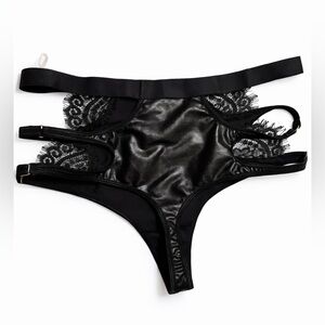 DREAM GIRL Strappy Eyelash Lace Trim Faux Leather panties bottom SIZE L